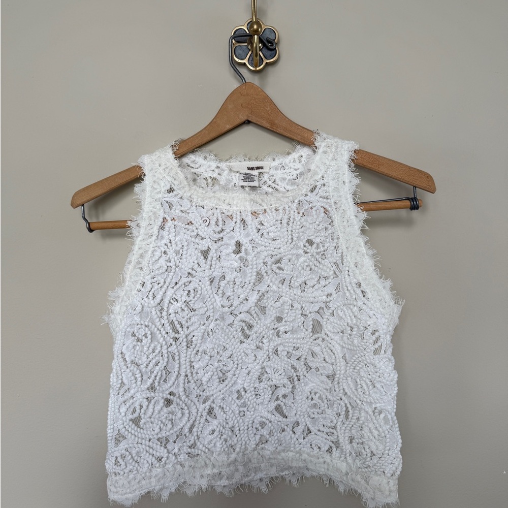 Sans Souci White Lace Beaded Tank Top – Size S